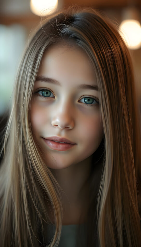 A gentle girl with delicate, long, straight hair, her head slightly tilted, her eyes sparkling like sapphires, her lips a soft rosy hue, her face perfectly symmetrical, gazing warmly at the viewer