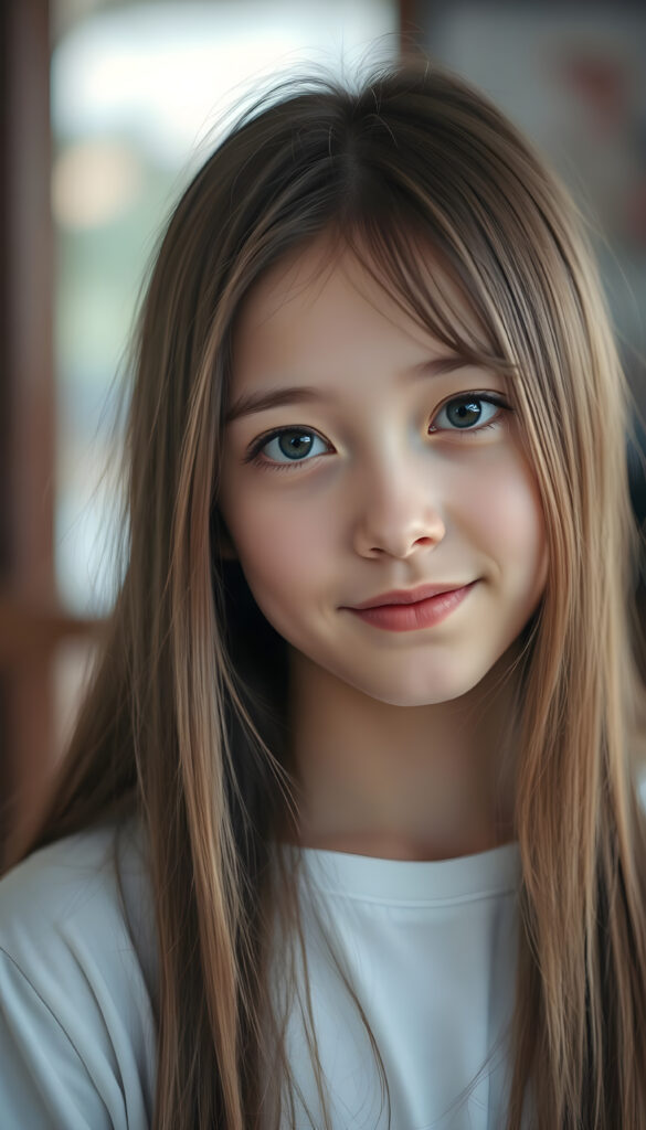 A gentle girl with delicate, long, straight hair, her round head slightly tilted, her eyes sparkling like a diamond, her lips a soft rosy hue, her face perfectly symmetrical, gazing warmly at the viewer, stunning, gorgeous