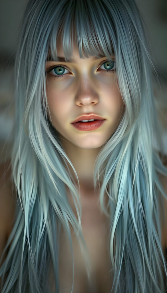 A gentle girl with long, light blue hair and soft features. She has green eyes and flawless skin, and her hair covers her upper body. She looks seductively into the camera. The image is in pale colors with razor-sharp focus.
