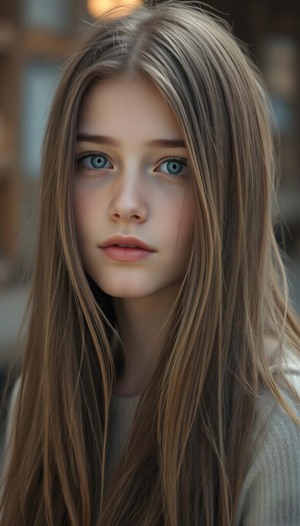 A gentle girl with delicate, long, straight hair, her head slightly tilted, her eyes sparkling like sapphires, her lips a soft rosy hue, her face perfectly symmetrical, gazing warmly at the viewer