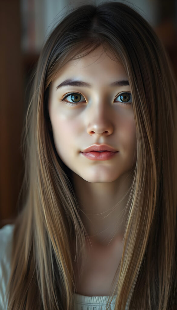 A gentle girl with delicate, long, straight hair, her round head slightly tilted, her eyes sparkling like a diamond, her lips a soft rosy hue, her face perfectly symmetrical, gazing warmly at the viewer, stunning, gorgeous