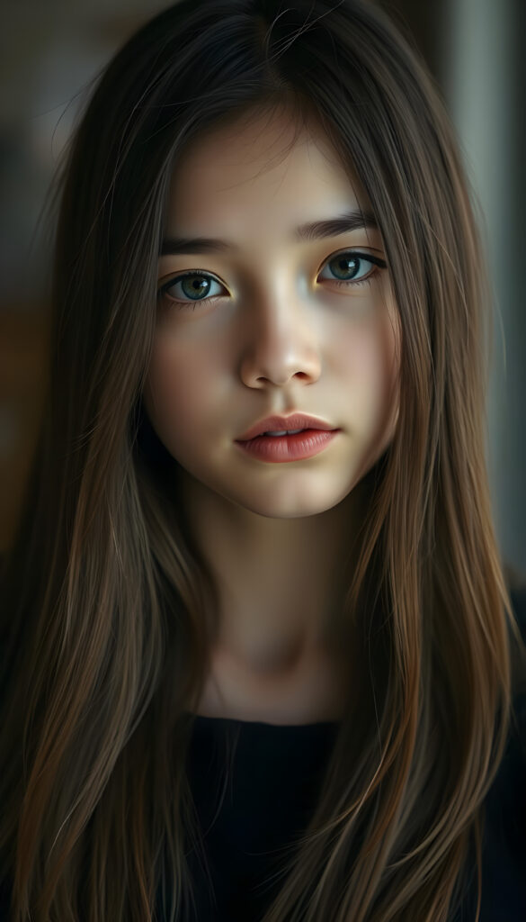 A gentle girl with delicate, long, straight hair, her round head slightly tilted, her eyes sparkling like a diamond, her lips a soft rosy hue, her face perfectly symmetrical, gazing warmly at the viewer, stunning, gorgeous