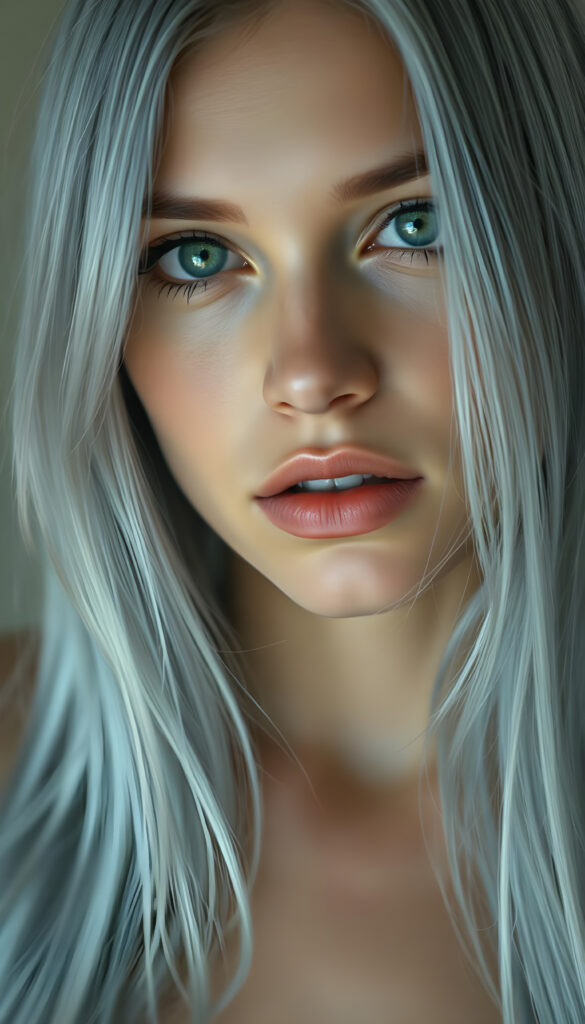 A gentle girl with long, light blue hair and soft features. She has green eyes and flawless skin, and her hair covers her upper body. She looks seductively into the camera. The image is in pale colors with razor-sharp focus.