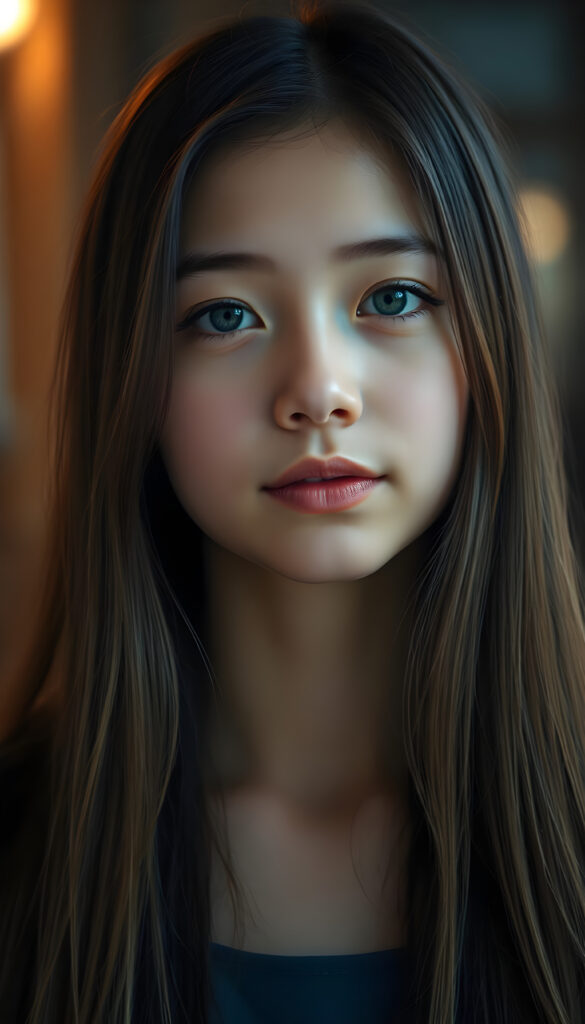 A gentle girl with delicate, long, straight hair, her head slightly tilted, her eyes sparkling like sapphires, her lips a soft rosy hue, her face perfectly symmetrical, gazing warmly at the viewer
