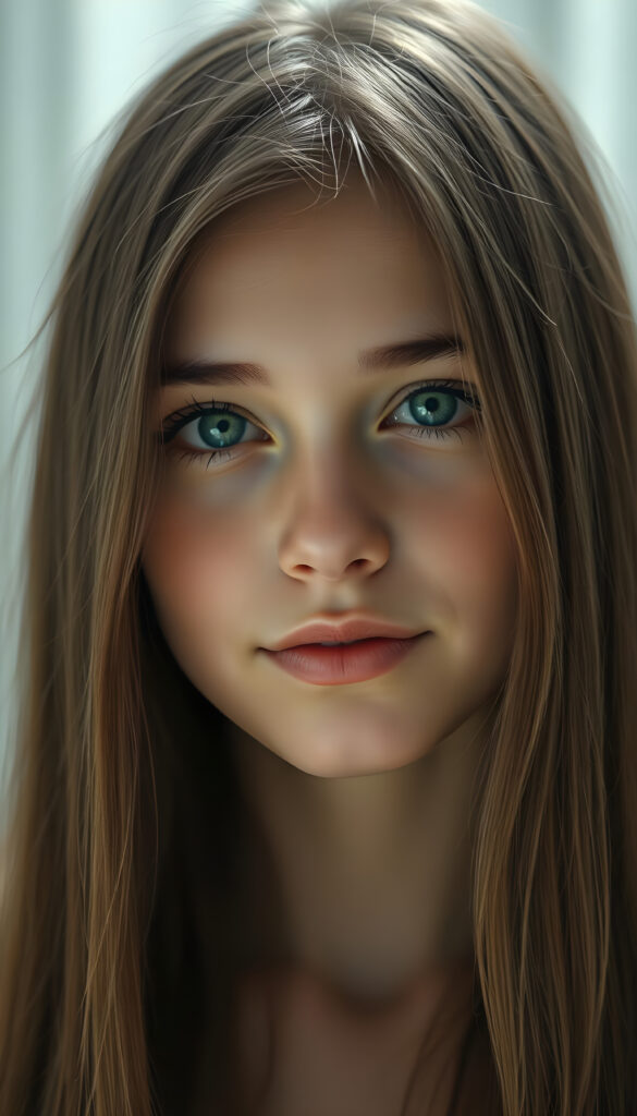 A gentle girl with delicate, long, straight hair, her head slightly tilted, her eyes sparkling like sapphires, her lips a soft rosy hue, her face perfectly symmetrical, gazing warmly at the viewer