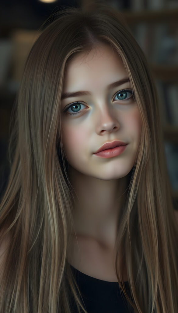 A gentle girl with delicate, long, straight hair, her round head slightly tilted, her eyes sparkling like a diamond, her lips a soft rosy hue, her face perfectly symmetrical, gazing warmly at the viewer, stunning, gorgeous