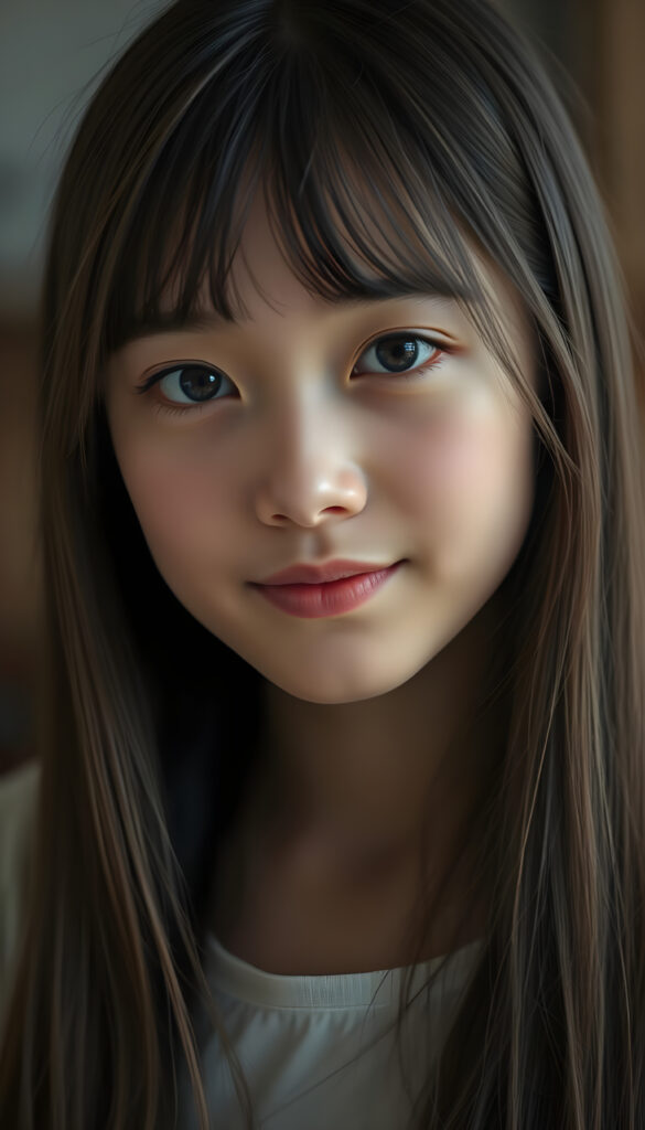 A gentle girl with delicate, long, straight hair, her round head slightly tilted, her eyes sparkling like a diamond, her lips a soft rosy hue, her face perfectly symmetrical, gazing warmly at the viewer, stunning, gorgeous