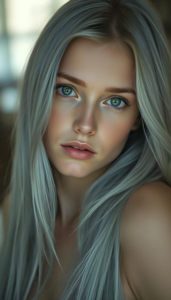 A gentle girl with long, light blue hair and soft features. She has green eyes and flawless skin, and her hair covers her upper body. She looks seductively into the camera. The image is in pale colors with razor-sharp focus.