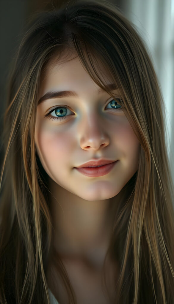 A gentle girl with delicate, long, straight hair, her head slightly tilted, her eyes sparkling like sapphires, her lips a soft rosy hue, her face perfectly symmetrical, gazing warmly at the viewer