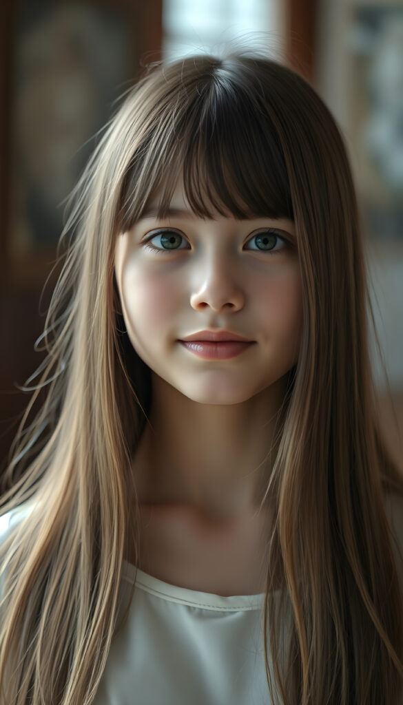 A gentle girl with delicate, long, straight hair, her round head slightly tilted, her eyes sparkling like a diamond, her lips a soft rosy hue, her face perfectly symmetrical, gazing warmly at the viewer, stunning, gorgeous