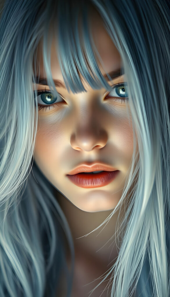 A gentle girl with long, light blue hair and soft features. She has green eyes and flawless skin, and her hair covers her upper body. She looks seductively into the camera. The image is in pale colors with razor-sharp focus.