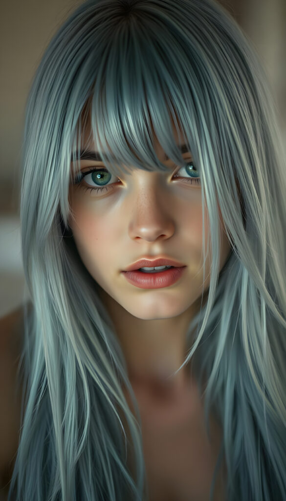 A gentle girl with long, light blue hair and soft features. She has green eyes and flawless skin, and her hair covers her upper body. She looks seductively into the camera. The image is in pale colors with razor-sharp focus.