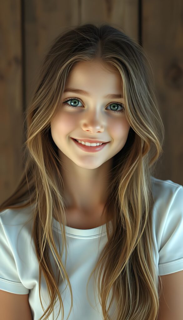 A gentle, young girl with long brown hair and light blonde highlights; she has a round, angelic face and light green eyes. The portrait has a peaceful feel and is painted in soft pastel colors. Her delicate, intricately rendered hair falls over her body like soft silk. She has full lips and smiles, revealing white teeth. She appears young and gentle. The photo is a true masterpiece. She wears a simple, white, seamless T-shirt that gently hugs her figure. In the background is a wooden wall that provides the perfect contrast to the girl.