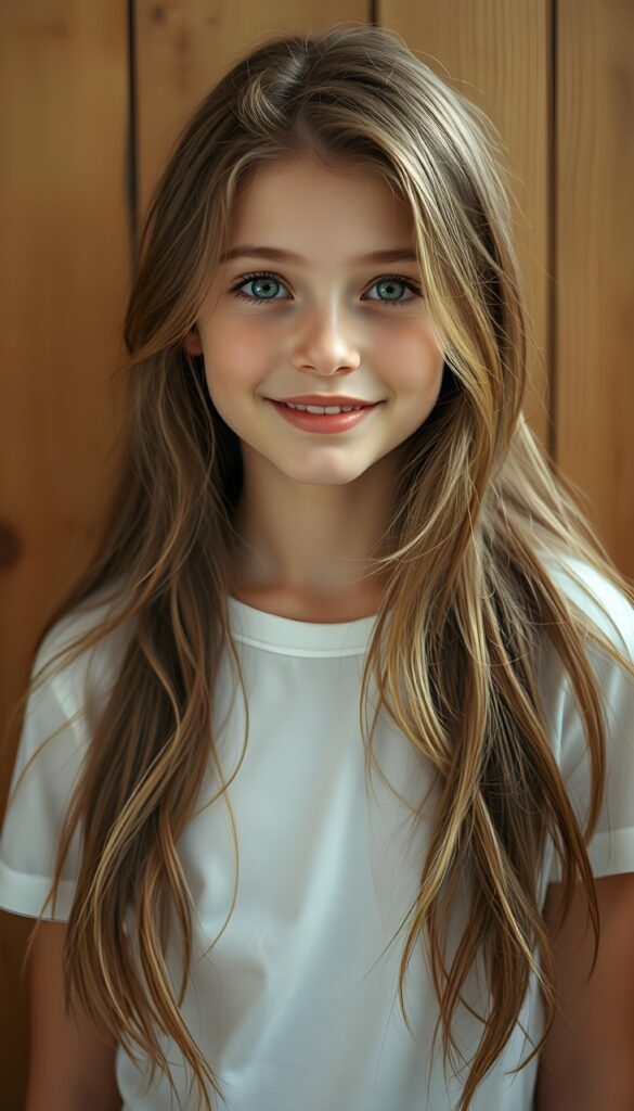 A gentle, young girl with long brown hair and light blonde highlights; she has a round, angelic face and light green eyes. The portrait has a peaceful feel and is painted in soft pastel colors. Her delicate, intricately rendered hair falls over her body like soft silk. She has full lips and smiles, revealing white teeth. She appears young and gentle. The photo is a true masterpiece. She wears a simple, white, seamless T-shirt that gently hugs her figure. In the background is a wooden wall that provides the perfect contrast to the girl.