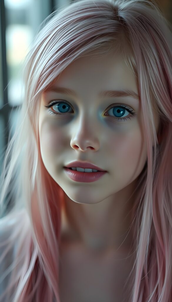 A young girl with porcelain skin and bright blue eyes, her lips full and lips with white teeth, a symmetrical face. She has long, soft neon pink hair that cascades down her shoulders like a waterfall of candyfloss. She wears a red t-shirt and a rount short red mini skirt. Full body shot.