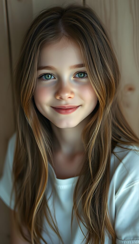 A gentle, young girl with long brown hair and light blonde highlights; she has a round, angelic face and light green eyes. The portrait has a peaceful feel and is painted in soft pastel colors. Her delicate, intricately rendered hair falls over her body like soft silk. She has full lips and smiles, revealing white teeth. She appears young and gentle. The photo is a true masterpiece. She wears a simple, white, seamless T-shirt that gently hugs her figure. In the background is a wooden wall that provides the perfect contrast to the girl.