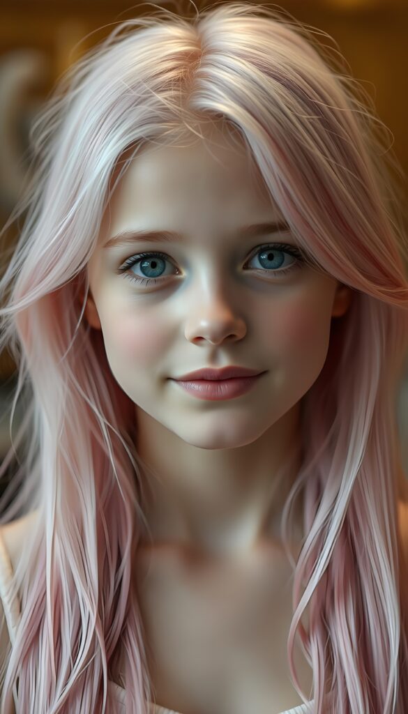 A young girl with porcelain skin and bright blue eyes, her lips full and lips with white teeth, a symmetrical face. She has long, soft neon pink hair that cascades down her shoulders like a waterfall of candyfloss. She wears a red t-shirt and a rount short red mini skirt. Full body shot.