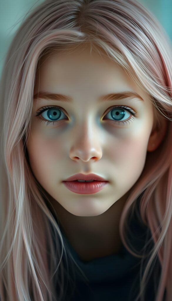 A young girl with porcelain skin and bright blue eyes, her lips full and lips with white teeth, a symmetrical face. She has long, soft neon pink hair that cascades down her shoulders like a waterfall of candyfloss. She wears a red t-shirt and a rount short red mini skirt. Full body shot.