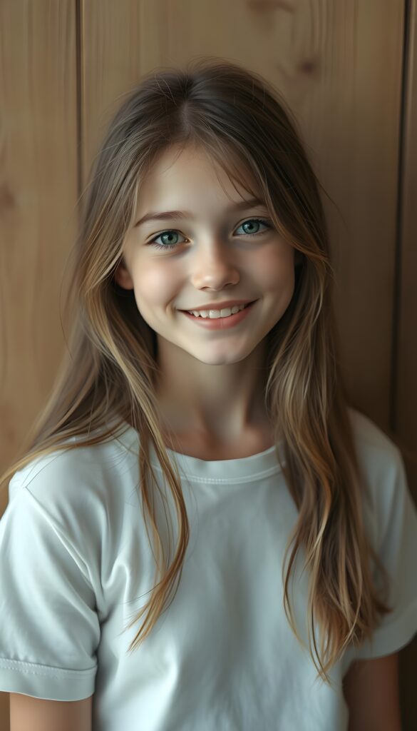 A gentle, young girl with long brown hair and light blonde highlights; she has a round, angelic face and light green eyes. The portrait has a peaceful feel and is painted in soft pastel colors. Her delicate, intricately rendered hair falls over her body like soft silk. She has full lips and smiles, revealing white teeth. She appears young and gentle. The photo is a true masterpiece. She wears a simple, white, seamless T-shirt that gently hugs her figure. In the background is a wooden wall that provides the perfect contrast to the girl.