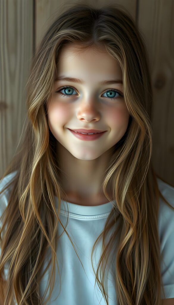 A gentle, young girl with long brown hair and light blonde highlights; she has a round, angelic face and light green eyes. The portrait has a peaceful feel and is painted in soft pastel colors. Her delicate, intricately rendered hair falls over her body like soft silk. She has full lips and smiles, revealing white teeth. She appears young and gentle. The photo is a true masterpiece. She wears a simple, white, seamless T-shirt that gently hugs her figure. In the background is a wooden wall that provides the perfect contrast to the girl.