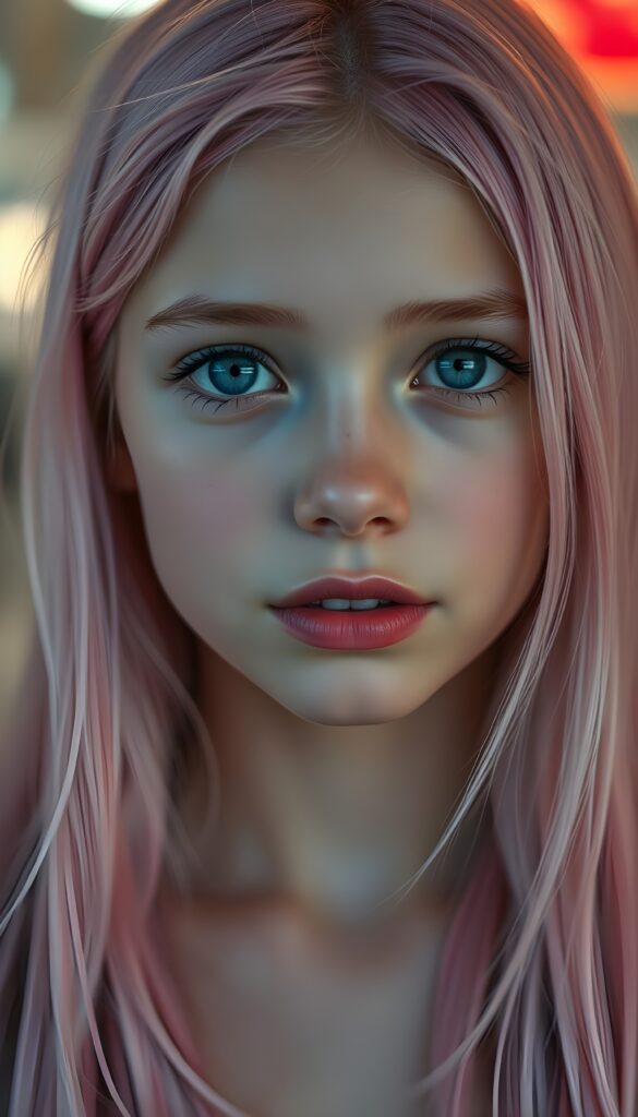 A young girl with porcelain skin and bright blue eyes, her lips full and lips with white teeth, a symmetrical face. She has long, soft neon pink hair that cascades down her shoulders like a waterfall of candyfloss. She wears a red t-shirt and a rount short red mini skirt. Full body shot.