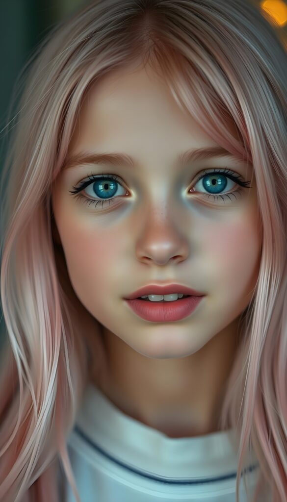 A young girl with porcelain skin and bright blue eyes, her lips full and lips with white teeth, a symmetrical face. She has long, soft neon pink hair that cascades down her shoulders like a waterfall of candyfloss. She wears a red t-shirt and a rount short red mini skirt. Full body shot.