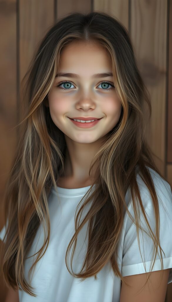 A gentle, young girl with long brown hair and light blonde highlights; she has a round, angelic face and light green eyes. The portrait has a peaceful feel and is painted in soft pastel colors. Her delicate, intricately rendered hair falls over her body like soft silk. She has full lips and smiles, revealing white teeth. She appears young and gentle. The photo is a true masterpiece. She wears a simple, white, seamless T-shirt that gently hugs her figure. In the background is a wooden wall that provides the perfect contrast to the girl.