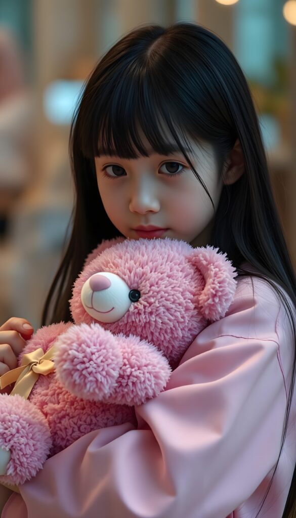 A girl in pink clothes is holding a pink teddy bear, gentle, nice, she has long straight black hair
