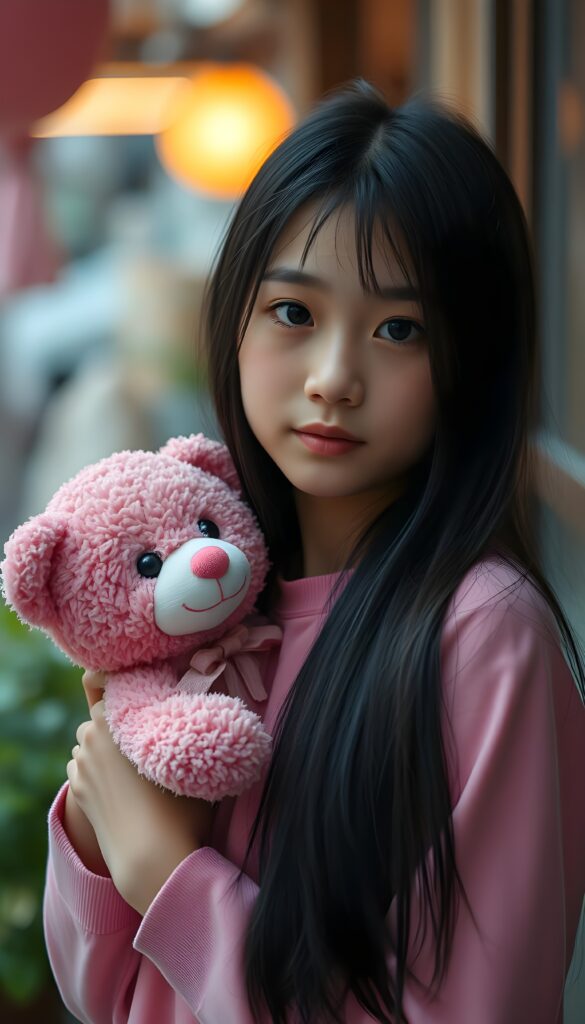 A girl in pink clothes is holding a pink teddy bear, gentle, nice, she has long straight black hair