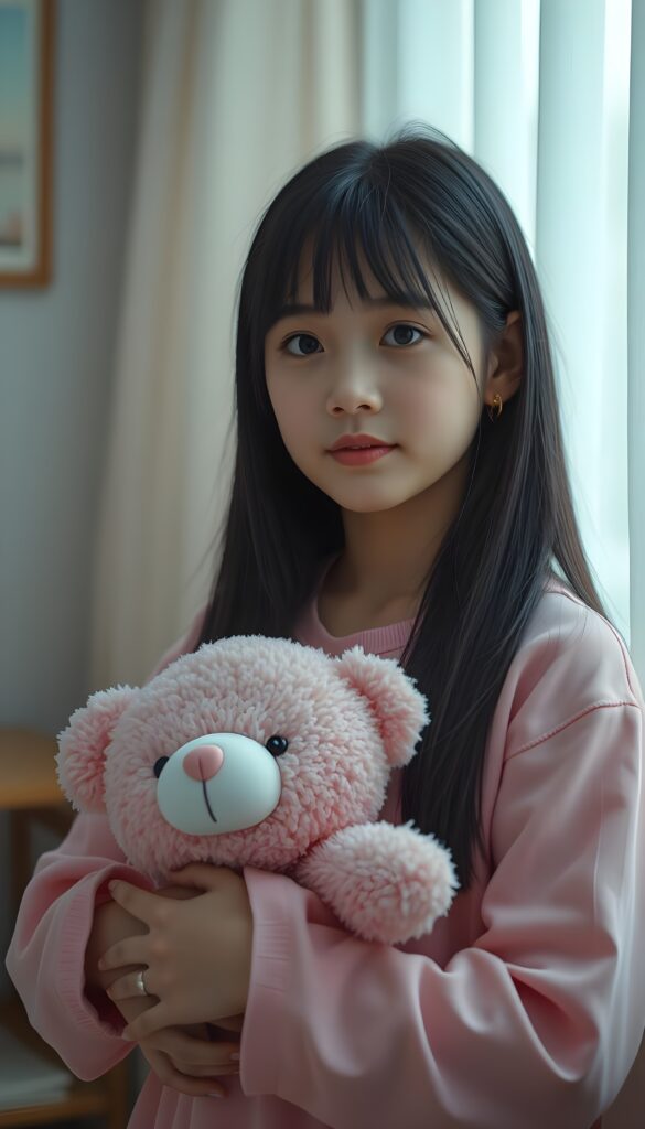 A girl in pink clothes is holding a pink teddy bear, gentle, nice, she has long straight black hair