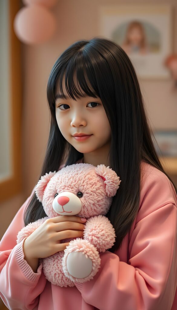 A girl in pink clothes is holding a pink teddy bear, gentle, nice, she has long straight black hair