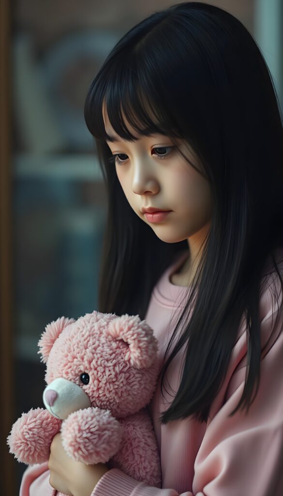 A girl in pink clothes is holding a pink teddy bear, gentle, nice, she has long straight black hair