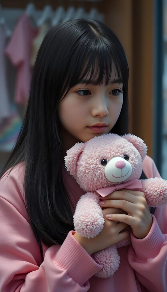 A girl in pink clothes is holding a pink teddy bear, gentle, nice, she has long straight black hair