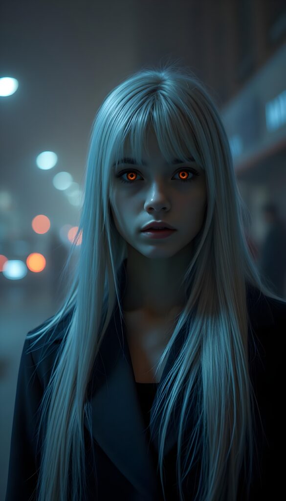 A girl stands in a nightly fogy street. A very detailed and emotional image. The girl has long, straight white hair. She is wearing a long, dark coat. View from the front. Her face is flawless. Her eyes glow in a orange red like a vampire.
