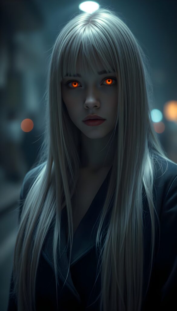 A girl stands in a nightly fogy street. A very detailed and emotional image. The girl has long, straight white hair. She is wearing a long, dark coat. View from the front. Her face is flawless. Her eyes glow in a orange red like a vampire.