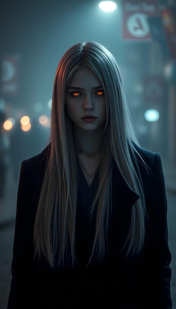 A girl stands in a nightly fogy street. A very detailed and emotional image. The girl has long, straight white hair. She is wearing a long, dark coat. View from the front. Her face is flawless. Her eyes glow in a orange red like a vampire.