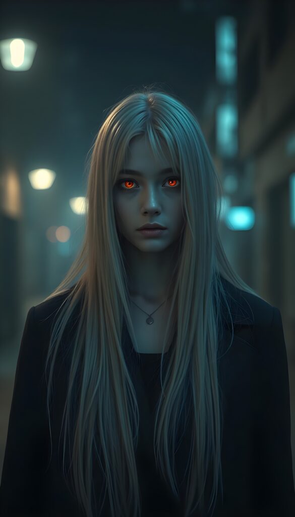 A girl stands in a nightly fogy street. A very detailed and emotional image. The girl has long, straight white hair. She is wearing a long, dark coat. View from the front. Her face is flawless. Her eyes glow in a orange red like a vampire.