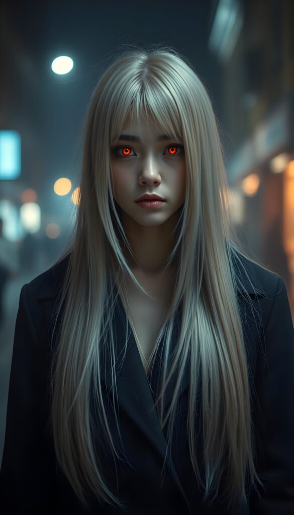 A girl stands in a nightly fogy street. A very detailed and emotional image. The girl has long, straight white hair. She is wearing a long, dark coat. View from the front. Her face is flawless. Her eyes glow in a orange red like a vampire.