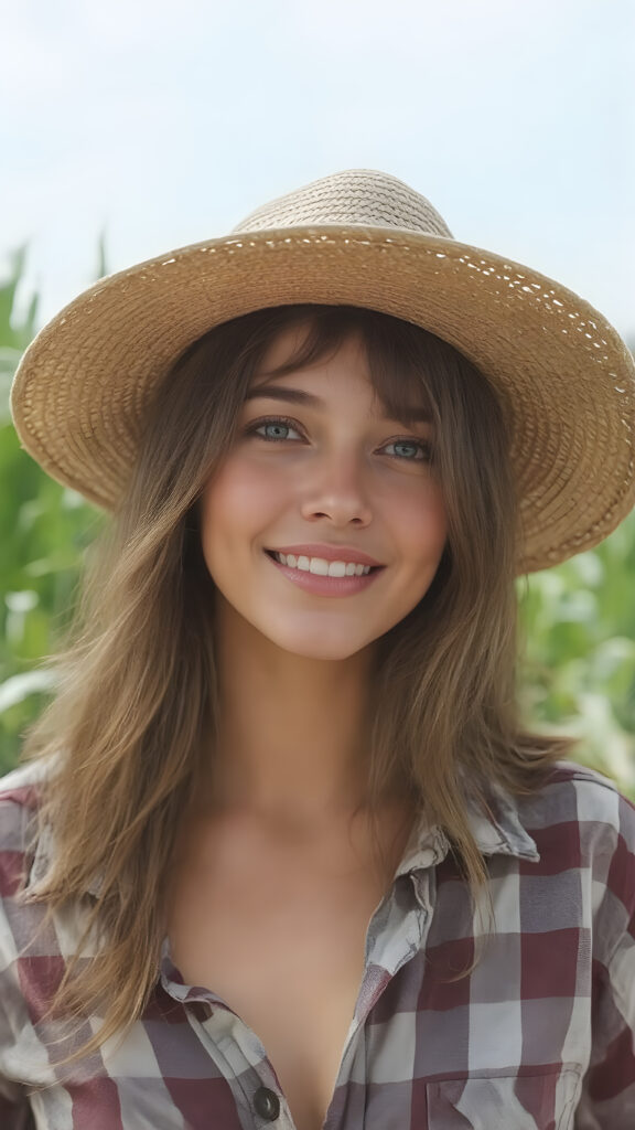 A girl wears a straw hat and a plaid shirt. The photo is very realistic and the focus is on the girl. It is a sunny day in a cornfield. She looks happily and seductively into the camera. She has a perfect body.
