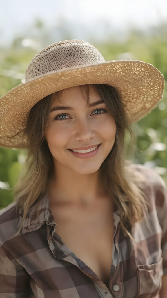A girl wears a straw hat and a plaid shirt. The photo is very realistic and the focus is on the girl. It is a sunny day in a cornfield. She looks happily and seductively into the camera. She has a perfect body.