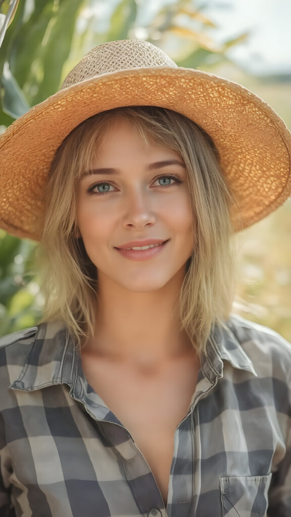 A girl wears a straw hat and a plaid shirt. The photo is very realistic and the focus is on the girl. It is a sunny day in a cornfield. She looks happily and seductively into the camera. She has a perfect body.