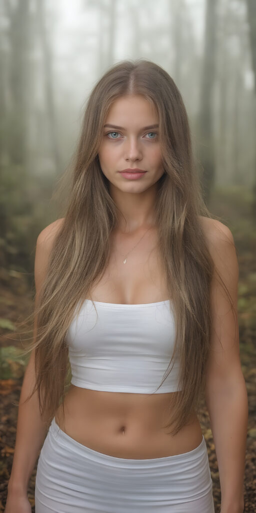 A (((girl))) with a (((terrifically busty physique))), gorgeous eyes that match her flowing, locks that cascade down her back in a (serene drape), clad in a (tight, revealing sheer white mini dress), and ((a slim, yet softly defined waist)), paired with (ivory skin) and (full, rosy lips) that give off a (freshly minted smile). Her hair is straight, long and smooth, reminiscent of the style seen in a (Luis Royo or Jacek Yerka-inspired fantasy). She exudes a feeling of (freshness and vitality) against a backdrop of a (fantastically detailed, misty forest backdrop)