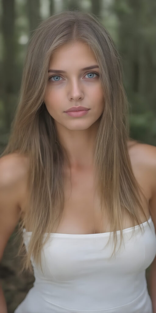 A (((girl))) with a (((terrifically busty physique))), gorgeous eyes that match her flowing, locks that cascade down her back in a (serene drape), clad in a (tight, revealing sheer white mini dress), and ((a slim, yet softly defined waist)), paired with (ivory skin) and (full, rosy lips) that give off a (freshly minted smile). Her hair is straight, long and smooth, reminiscent of the style seen in a (Luis Royo or Jacek Yerka-inspired fantasy). She exudes a feeling of (freshness and vitality) against a backdrop of a (fantastically detailed, misty forest backdrop)