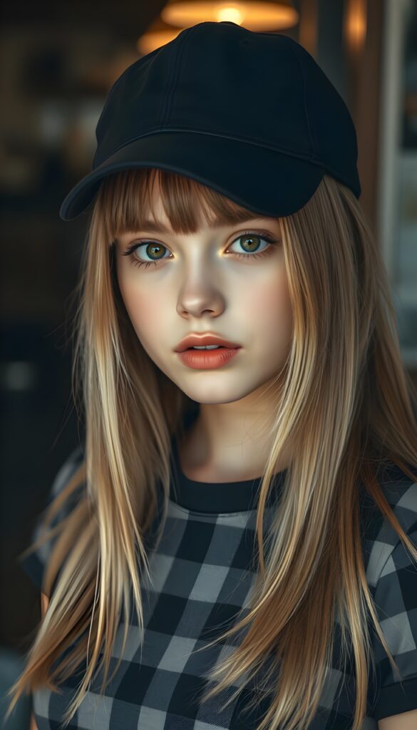 A young girl with straight golden blonde hair and light brown highlights, she is wearing a black baseball cap, her hair falling gently over her upper body. She has dark, round, large eyes and a pouty mouth. She wears a checkered T-shirt that accentuates her wonderful, feminine body. She has a round face, beautiful full lips, her mouth slightly open, and white teeth.