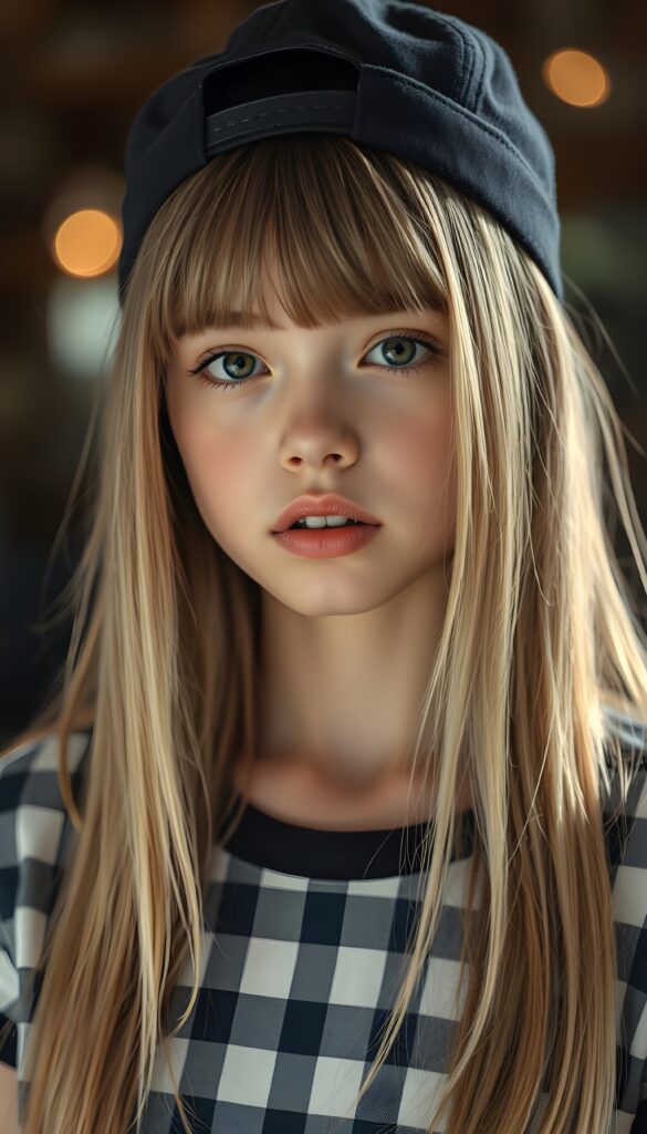 A young girl with straight golden blonde hair and light brown highlights, she is wearing a black baseball cap, her hair falling gently over her upper body. She has dark, round, large eyes and a pouty mouth. She wears a checkered T-shirt that accentuates her wonderful, feminine body. She has a round face, beautiful full lips, her mouth slightly open, and white teeth.