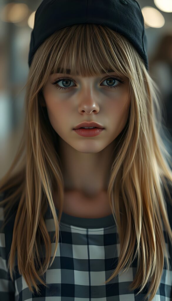 A young girl with straight golden blonde hair and light brown highlights, she is wearing a black baseball cap, her hair falling gently over her upper body. She has dark, round, large eyes and a pouty mouth. She wears a checkered T-shirt that accentuates her wonderful, feminine body. She has a round face, beautiful full lips, her mouth slightly open, and white teeth.