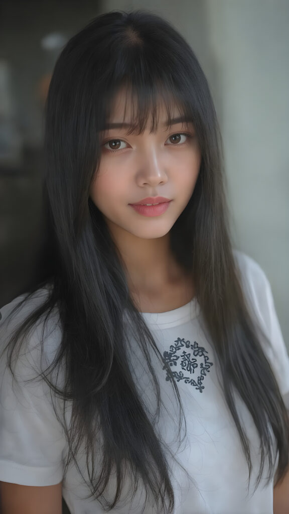 A (((gorgeous Asian girl))), with (((very long, sleek straight black hair with side bangs))), and (((dark skin))), that gives off a youthful vibe, dressed in a (((white t-shirt))) and a (((black mini skirt))), featuring intricate details like (((black embroidery on the collar of the shirt))) and (((pale silver skin))), highlighting the beauty of her advanced features, such as (((full body))), with a hint of (jet black hair) at the tips, all framed by a (((natural, glowing complexion))) that complements the advanced lighting environment