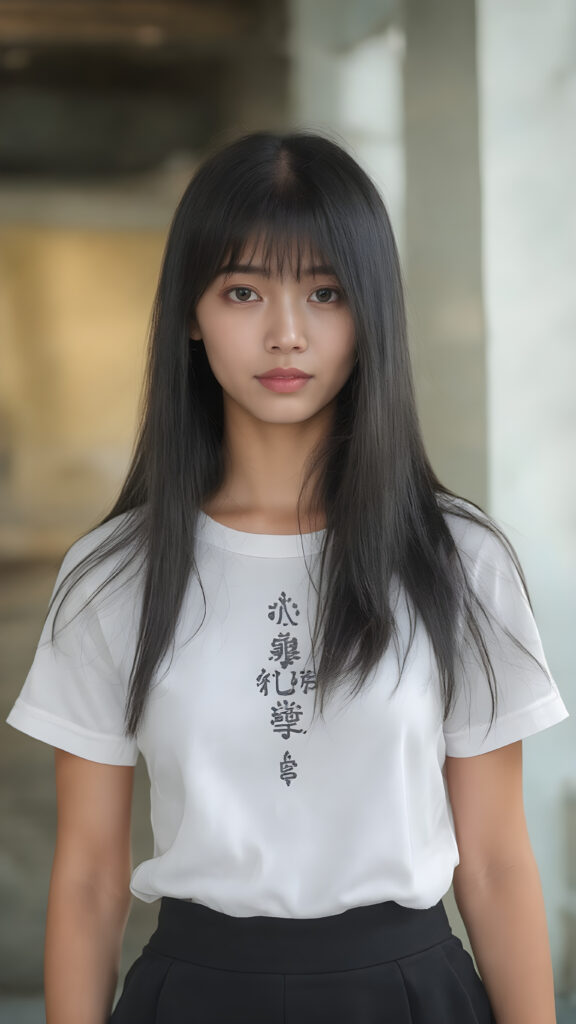 A (((gorgeous Asian girl))), with (((very long, sleek straight black hair with side bangs))), and (((dark skin))), that gives off a youthful vibe, dressed in a (((white t-shirt))) and a (((black mini skirt))), featuring intricate details like (((black embroidery on the collar of the shirt))) and (((pale silver skin))), highlighting the beauty of her advanced features, such as (((full body))), with a hint of (jet black hair) at the tips, all framed by a (((natural, glowing complexion))) that complements the advanced lighting environment