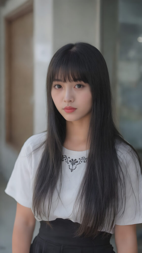 A (((gorgeous Asian girl))), with (((very long, sleek straight black hair with side bangs))), and (((dark skin))), that gives off a youthful vibe, dressed in a (((white t-shirt))) and a (((black mini skirt))), featuring intricate details like (((black embroidery on the collar of the shirt))) and (((pale silver skin))), highlighting the beauty of her advanced features, such as (((full body))), with a hint of (jet black hair) at the tips, all framed by a (((natural, glowing complexion))) that complements the advanced lighting environment
