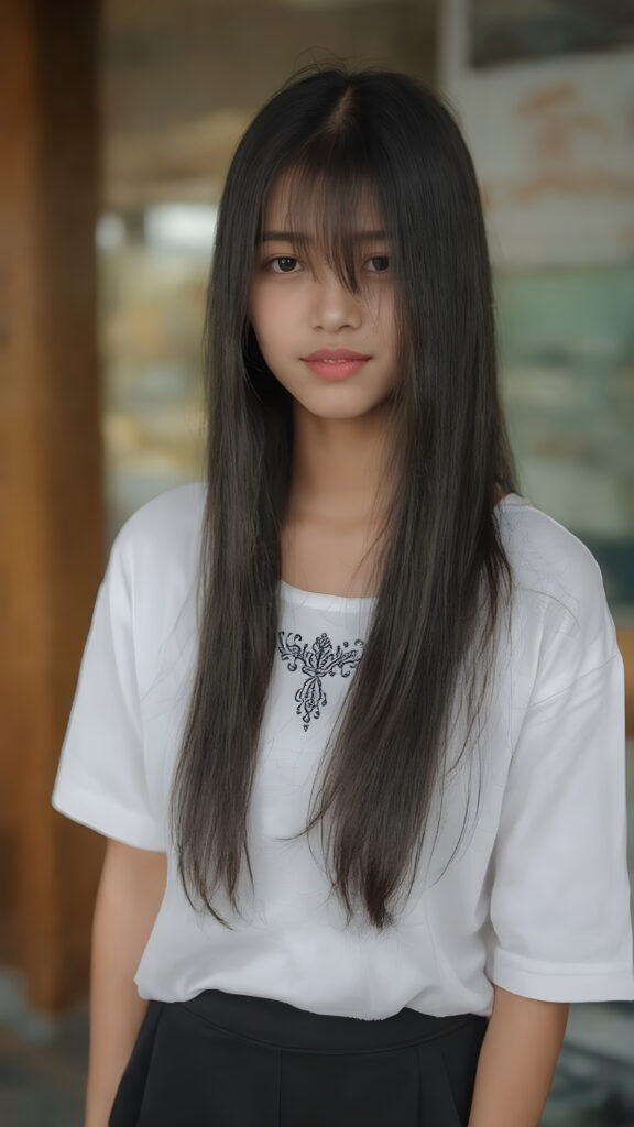 A (((gorgeous Asian girl))), with (((very long, sleek straight black hair with side bangs))), and (((dark skin))), that gives off a youthful vibe, dressed in a (((white t-shirt))) and a (((black mini skirt))), featuring intricate details like (((black embroidery on the collar of the shirt))) and (((pale silver skin))), highlighting the beauty of her advanced features, such as (((full body))), with a hint of (jet black hair) at the tips, all framed by a (((natural, glowing complexion))) that complements the advanced lighting environment
